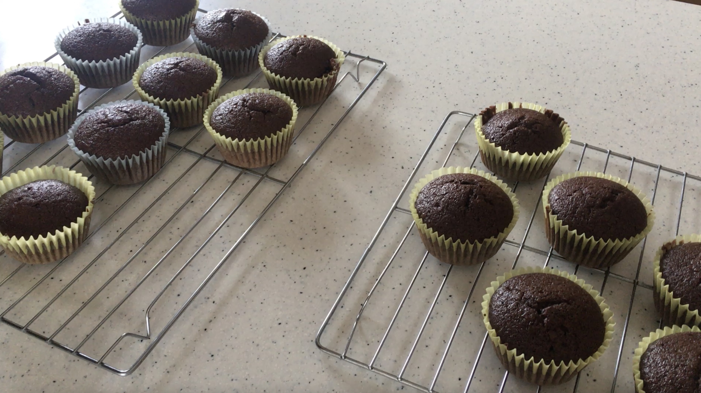 Several Vegan Chocolate Cupcakes on two cooling racks